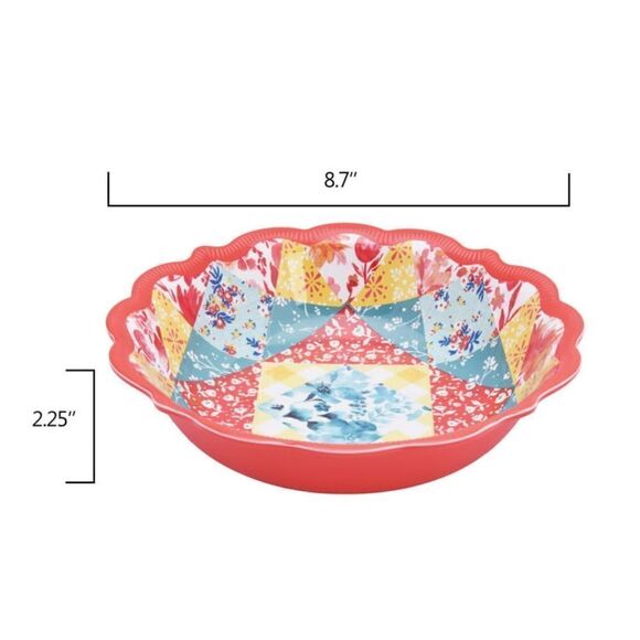 🦋 New Pioneer Woman Patchwork Medley Melamine Dinner Bowl, Coral, Qty of 4 - Picture 6 of 9